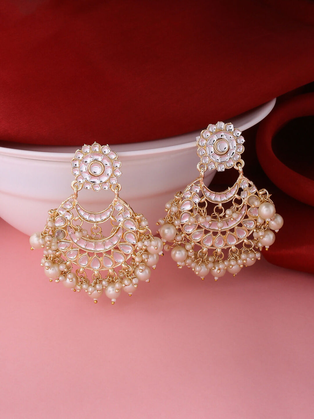 NVR Women Gold-Polished Studded Kundan Chandbali Earrings | Grocsy