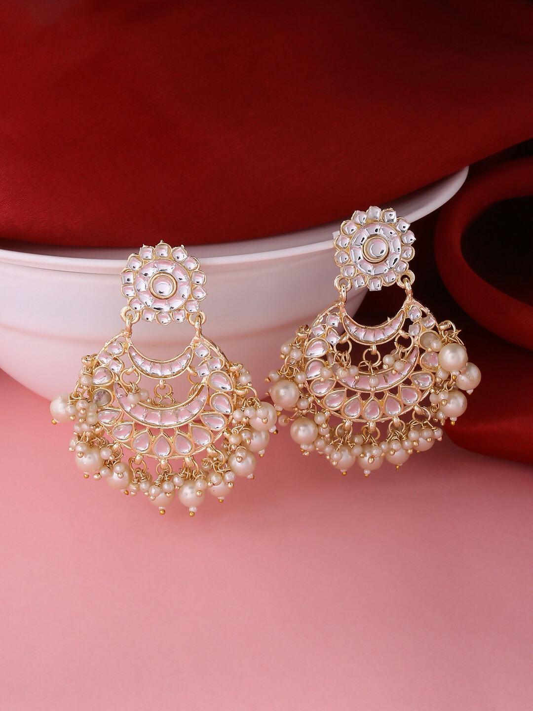 NVR Women Gold-Polished Studded Kundan Chandbali Earrings | Grocsy