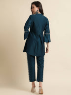 Teal Chinon Floral Embroidered Top with Bottom - Maanushi | Grocsy