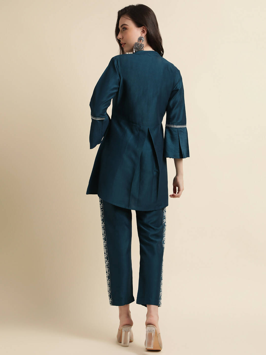 Teal Chinon Floral Embroidered Top with Bottom - Maanushi | Grocsy
