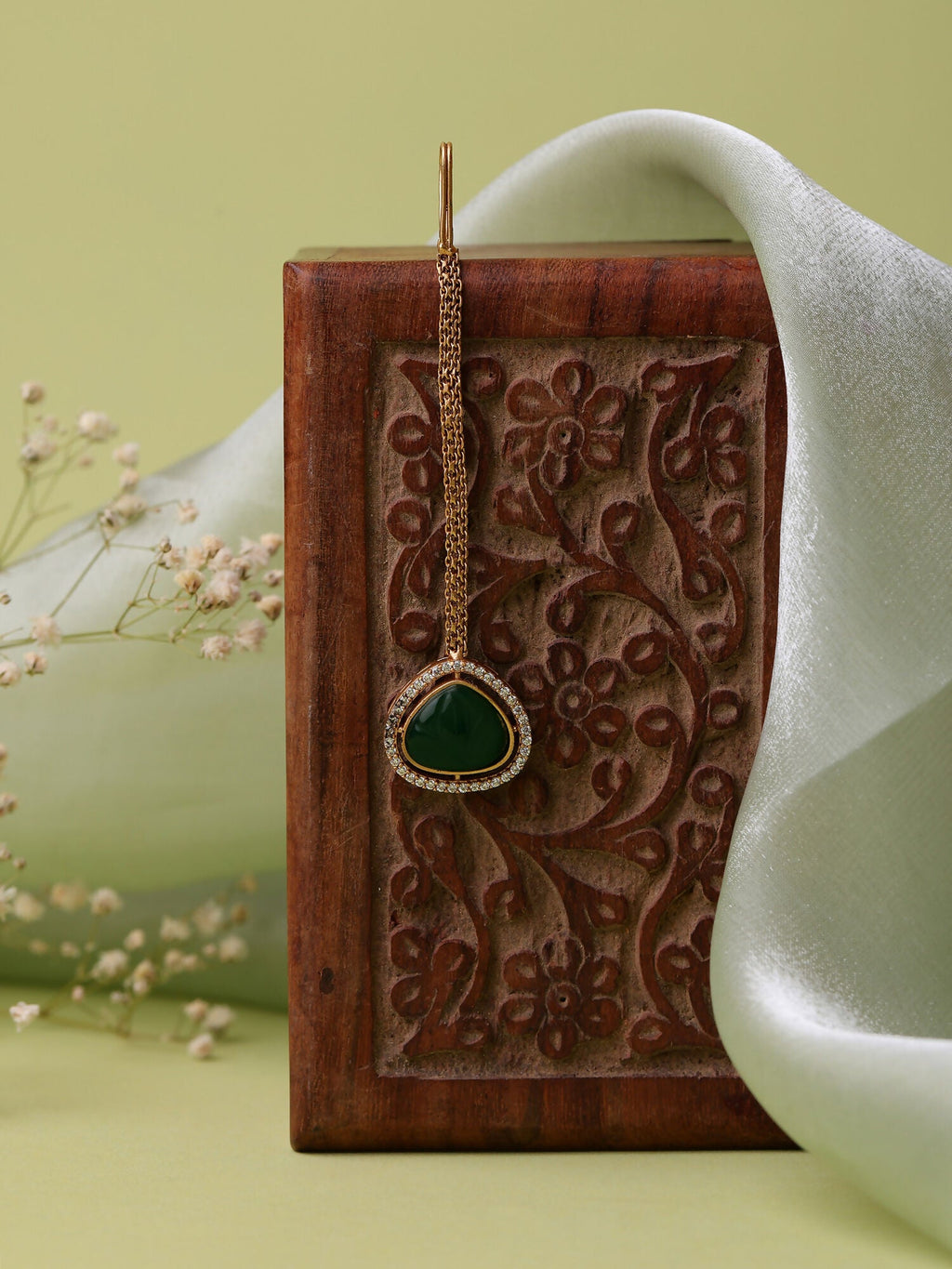 Ruby Raang Gold Polished Green Stone Kundan Maang Tikka | Grocsy