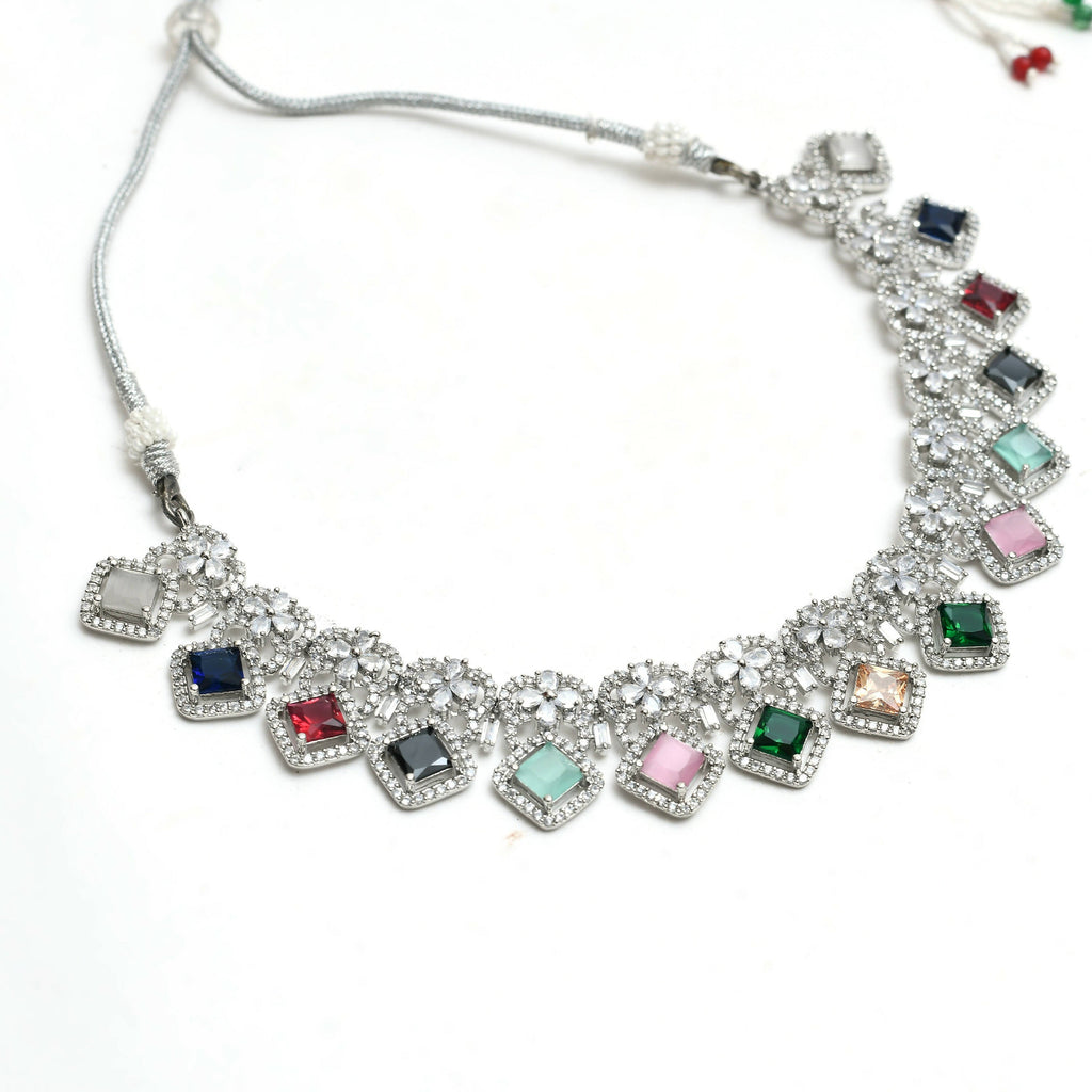 Mominos Fashion Johar Kamal Women Silver-Plated American Diamond Multi Colour Choker Set | Grocsy