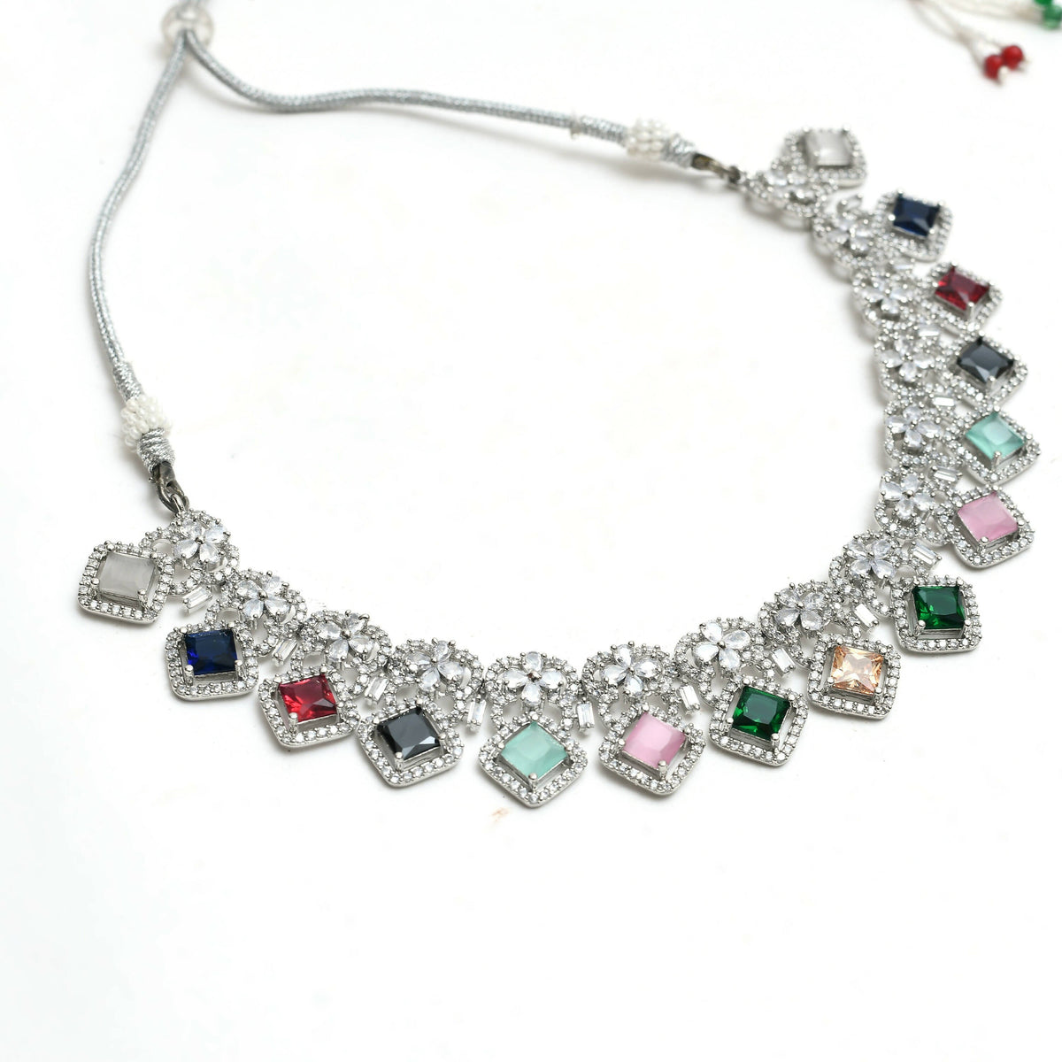 Mominos Fashion Johar Kamal Women Silver-Plated American Diamond Multi Colour Choker Set | Grocsy