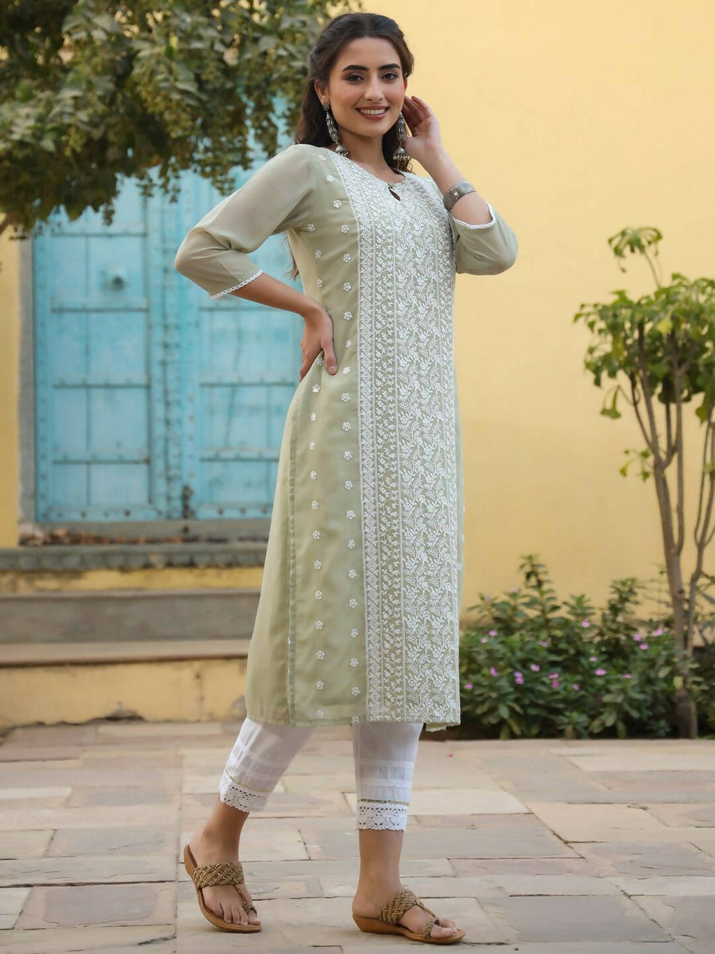 Juniper Women's Ltgreen Georgette Printed Kurta | Grocsy