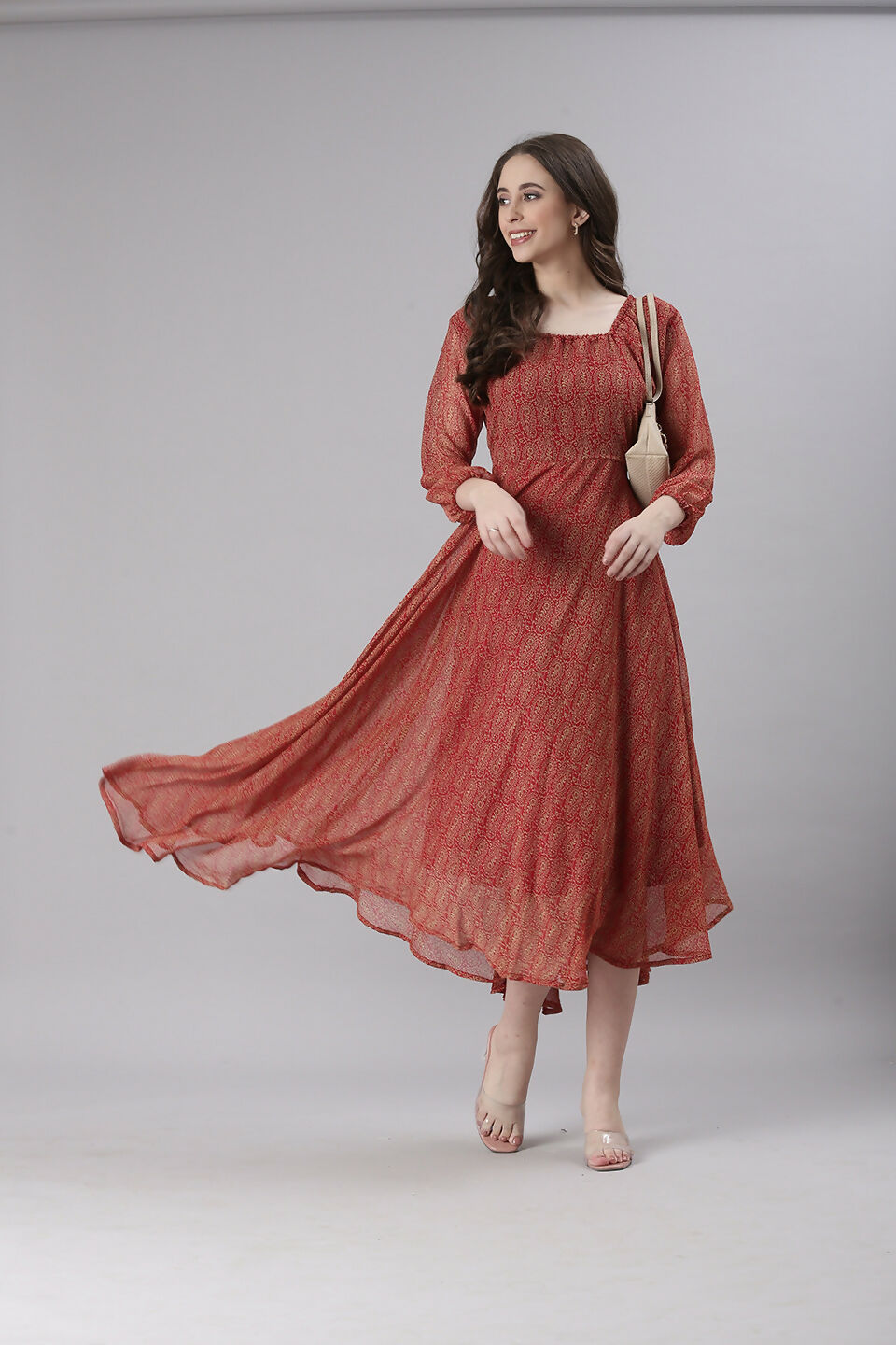 Souchii Rust Orange Printed Fit & Flare Dress | Grocsy