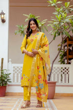 The52 Yellow Women's Gorgeous Embroidered work Viscose Gadhwal Fabric Straight Kurta, Pant and Dupatta Set | Grocsy