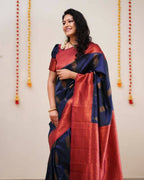DEIANA'S Beautiful Designer Golden zari Soft Lichi Silk Saree - Navy Blue | Grocsy