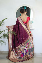 Wine Woven Jacquard Designer Embroidery Work Party Wear Saree - Parampara | Grocsy