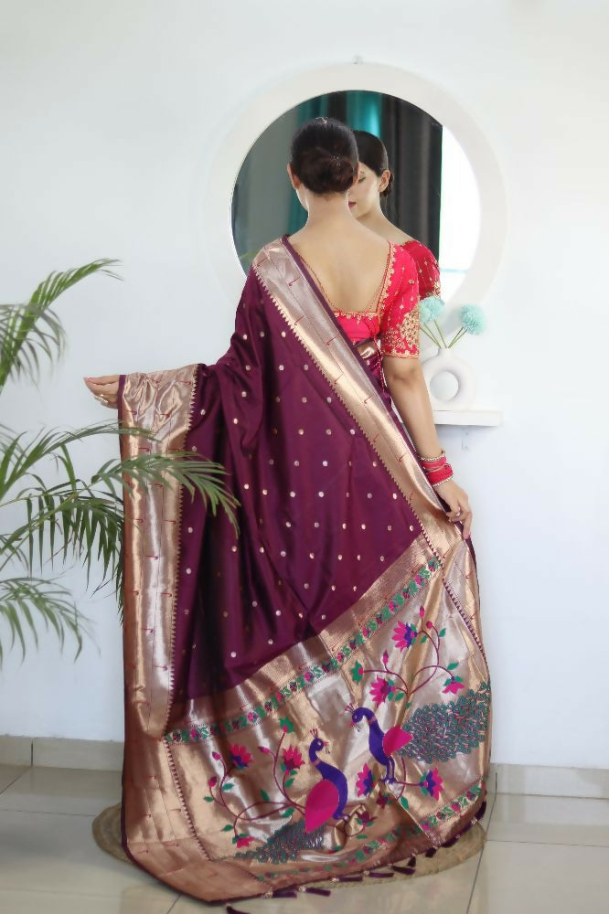 Wine Woven Jacquard Designer Embroidery Work Party Wear Saree - Parampara | Grocsy