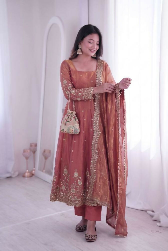 Teeya Creation Womens New Latest Trendy Elegant Peach Embroidered Anarkali Suit Set with Scalloped Dupatta | Grocsy