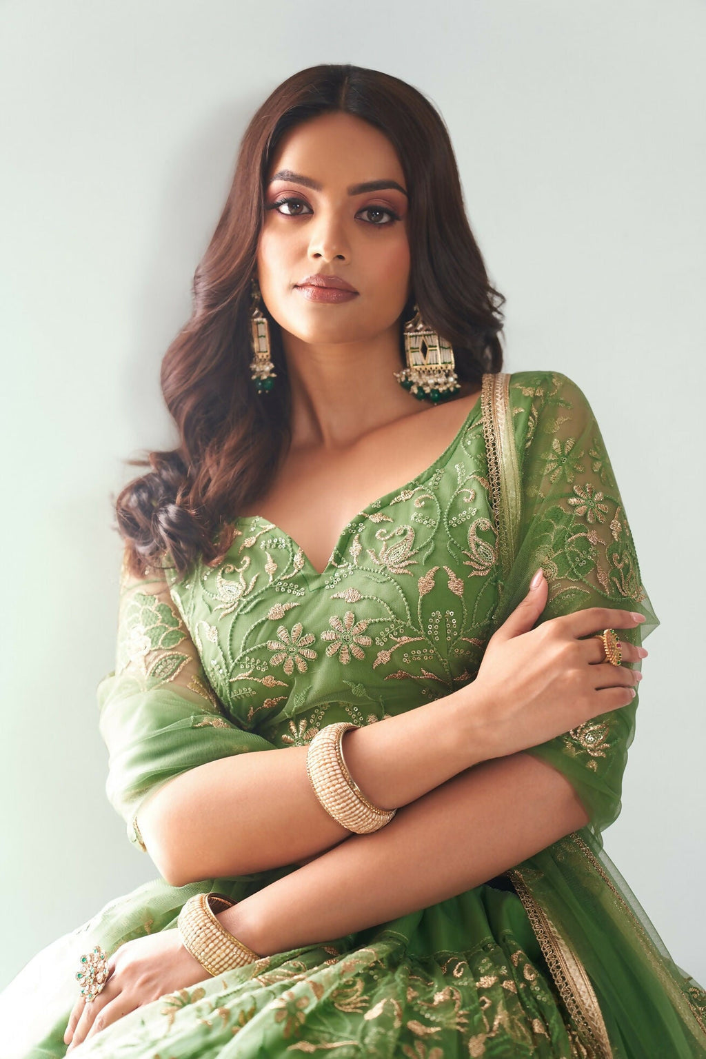 Eilara Elegance Pista Green Net With Embroidered And Thread Zari Sequence Function Wear Lehenga Choli | Grocsy