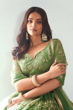 Eilara Elegance Pista Green Net With Embroidered And Thread Zari Sequence Function Wear Lehenga Choli | Grocsy