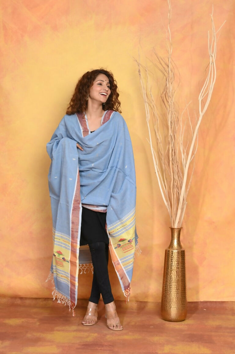 Very Much Indian Handloom Pure Cotton Paithani Dupatta - Powder Blue | Grocsy