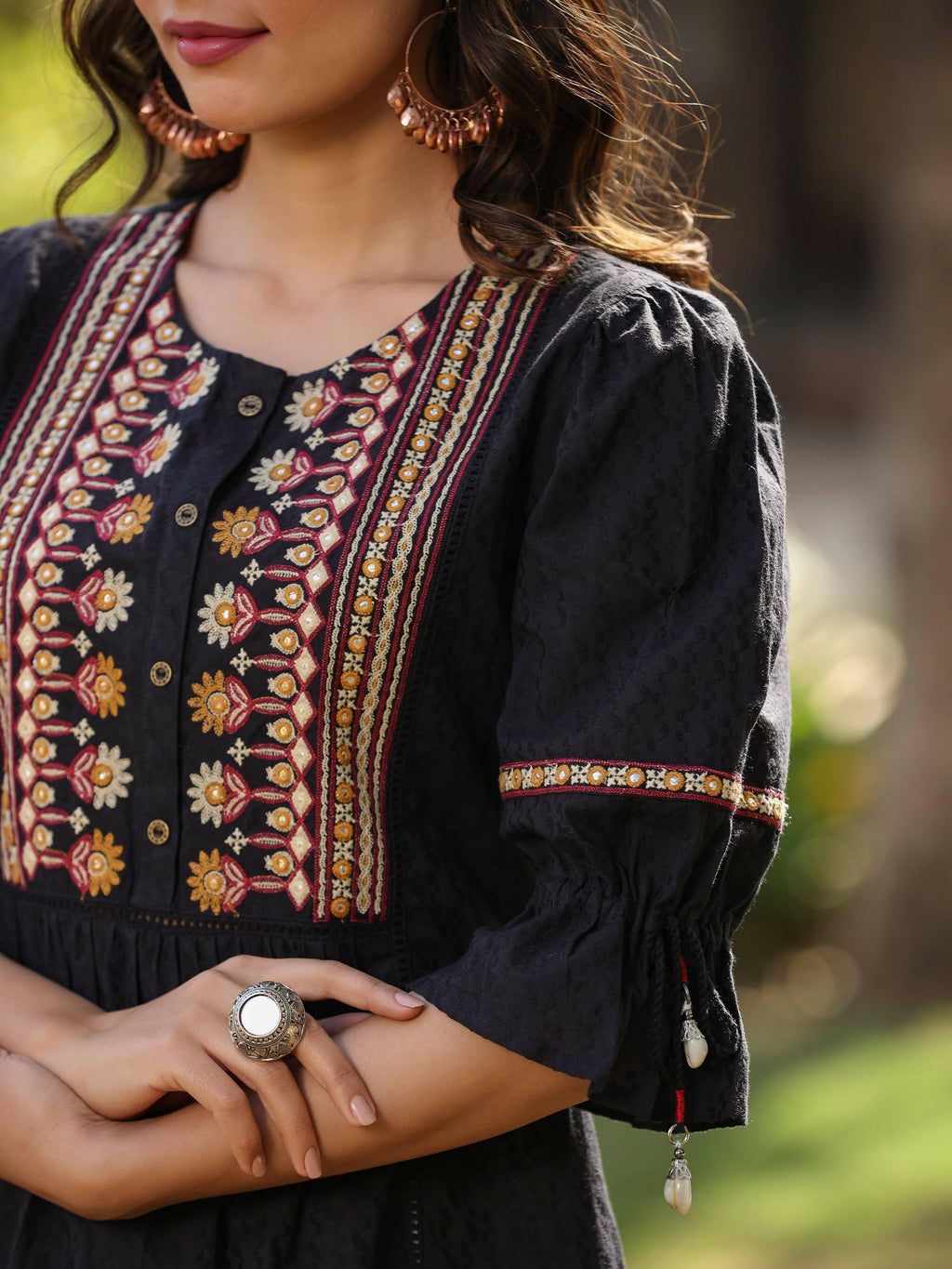 Juniper Women's Black Cotton Solid With Embroidered Straight Tunic | Grocsy