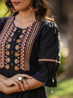 Juniper Women's Black Cotton Solid With Embroidered Straight Tunic | Grocsy