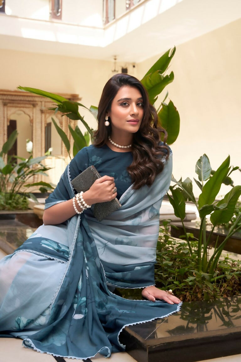 Vastranavya Rama Weightless Marble Printed & Trim Lace Border Saree with Unstitched Blouse | Grocsy