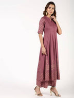Aniyah Rayon Block Print Flared Anarkali Kurta Dusty Pink (AN-157K) | Grocsy