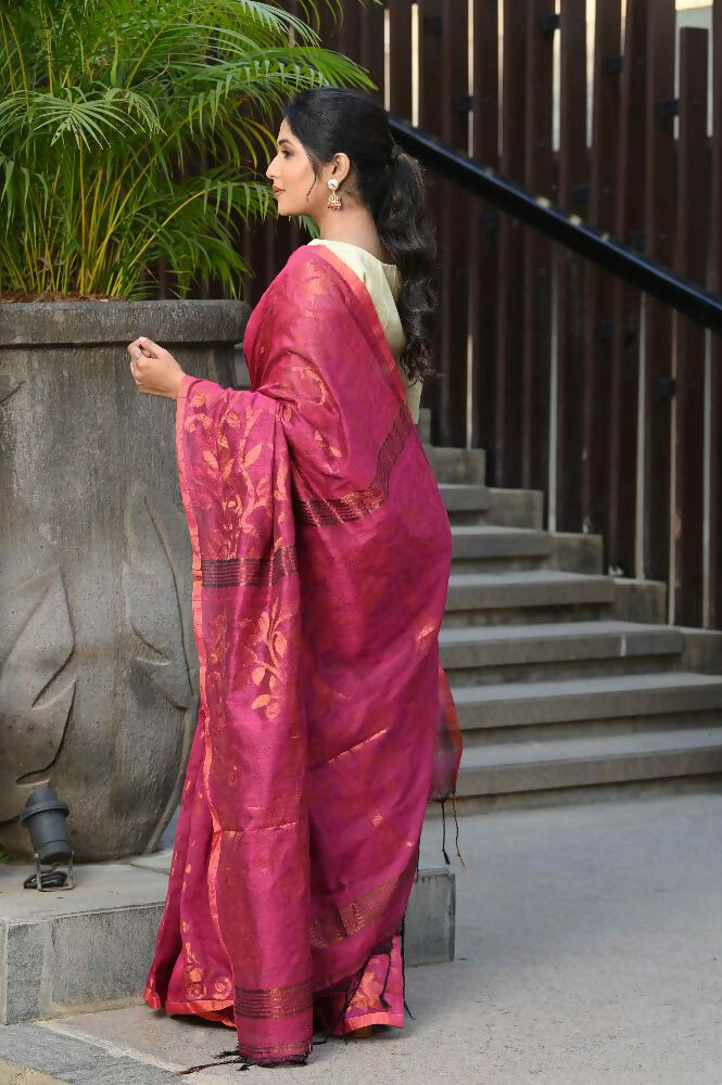 Beatitude Pink Cotton Floral Jamdani Saree | Grocsy