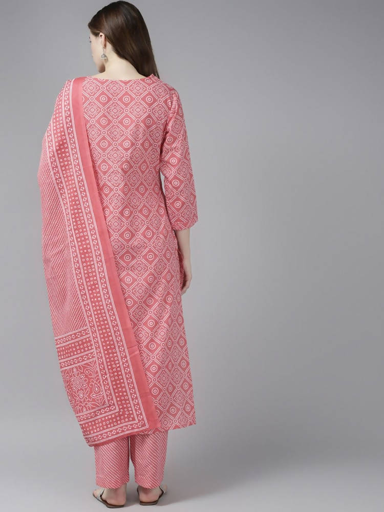 Yufta Women Pink Printed Regular Pure Cotton Kurta with Palazzo and Dupatta | Grocsy
