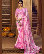 Light Pink Silver Chiffon Printed Saree With Unstitched Blouse Piece - Jyoti | Grocsy