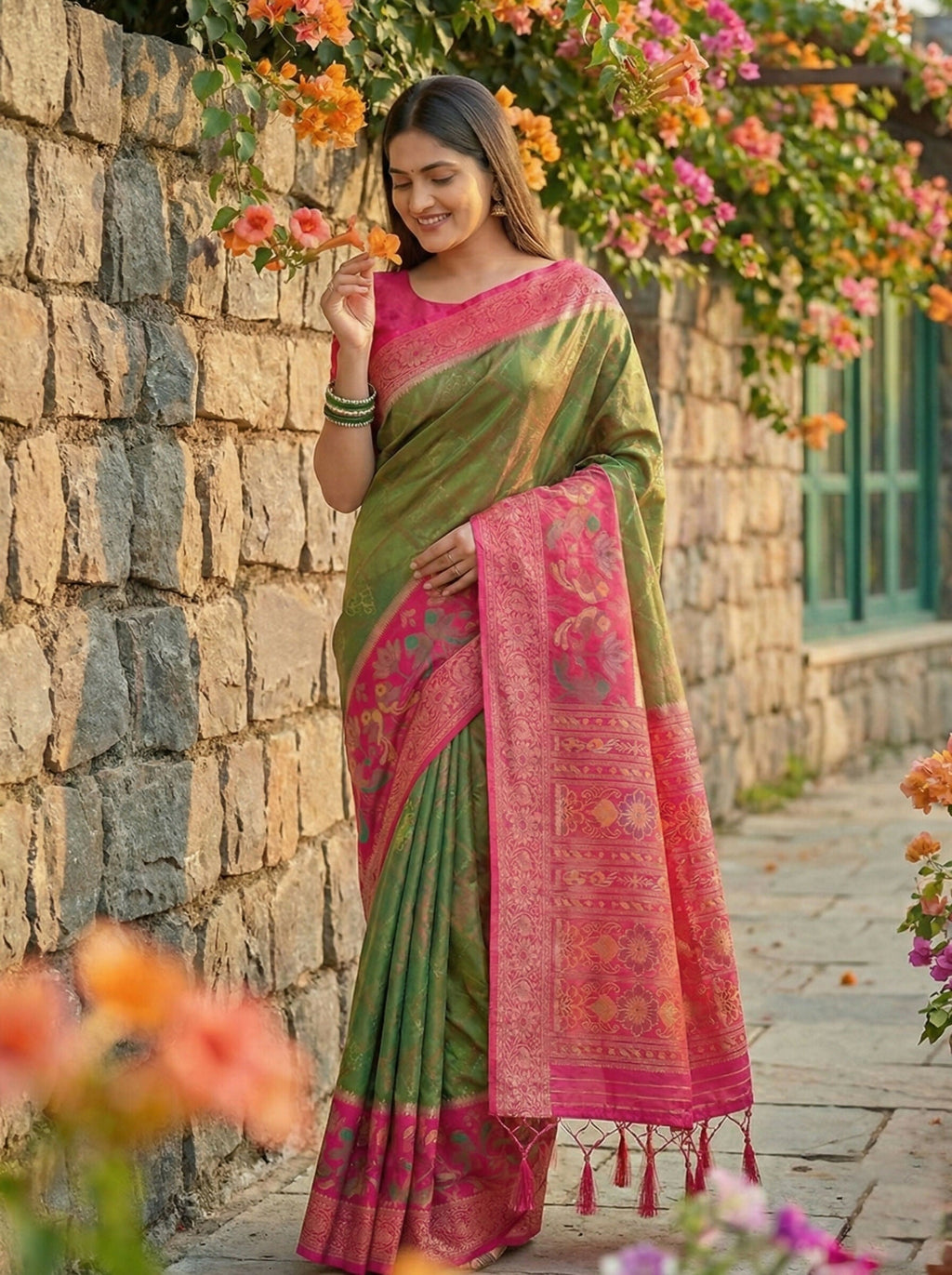 Shree Shyam Fashion Mehndi Pochampally Silk Saree | Grocsy
