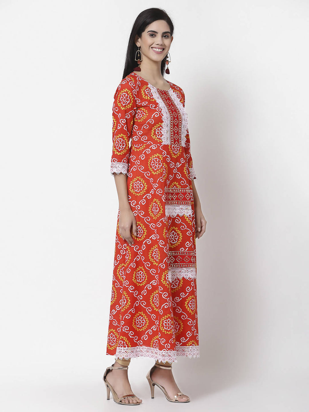 Myshka Women's Pure Cotton Round Neck Printed 3/4 Sleeve Dress | Grocsy