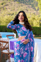 Vastranavya Blue Weightless Marble Printed & Pearl Lace Border Saree with Unstitched Blouse | Grocsy