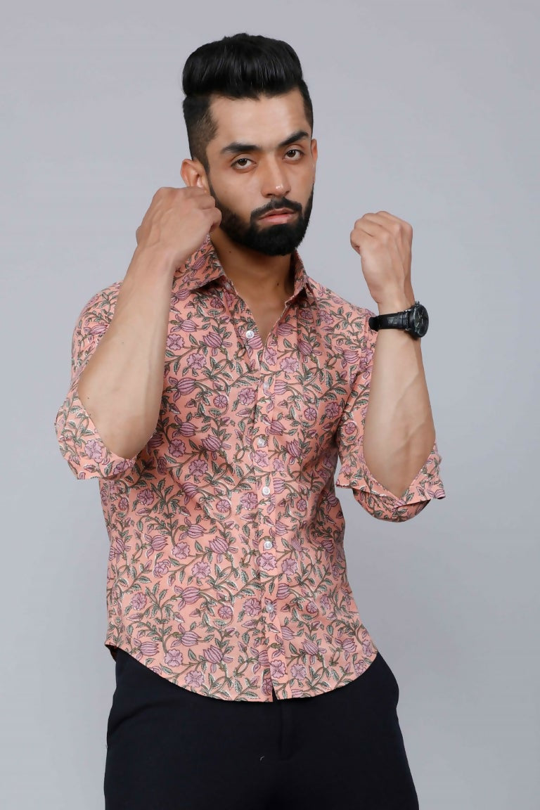 Miravan Men's Orange Printed Full Sleeve Cotton Shirt | Grocsy
