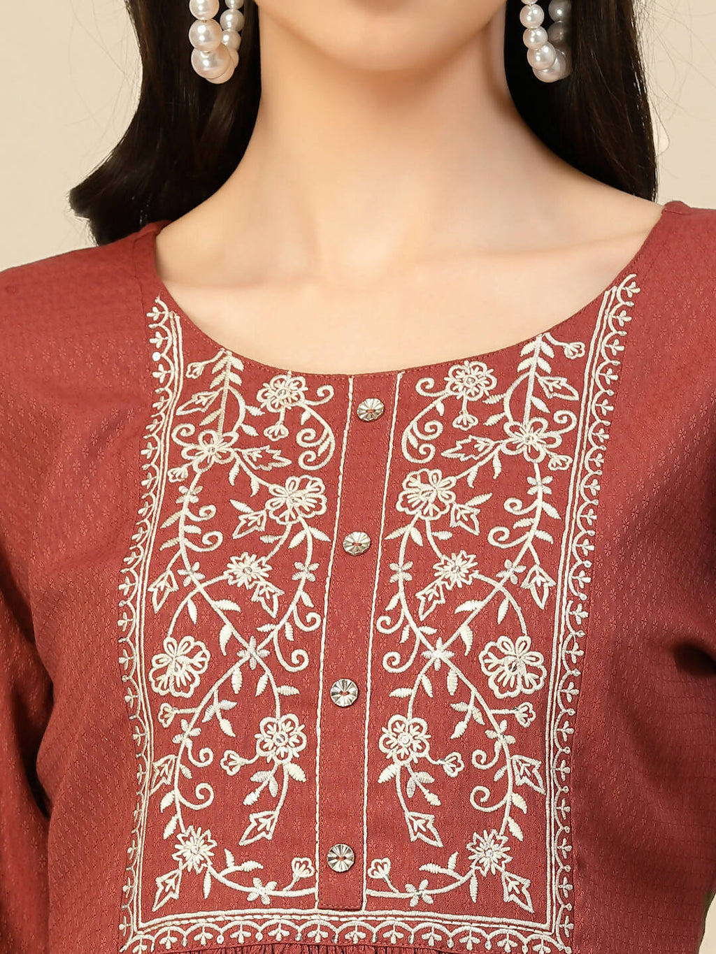Brown Poly Rayon Floral Embroidered Top - Zeny | Grocsy