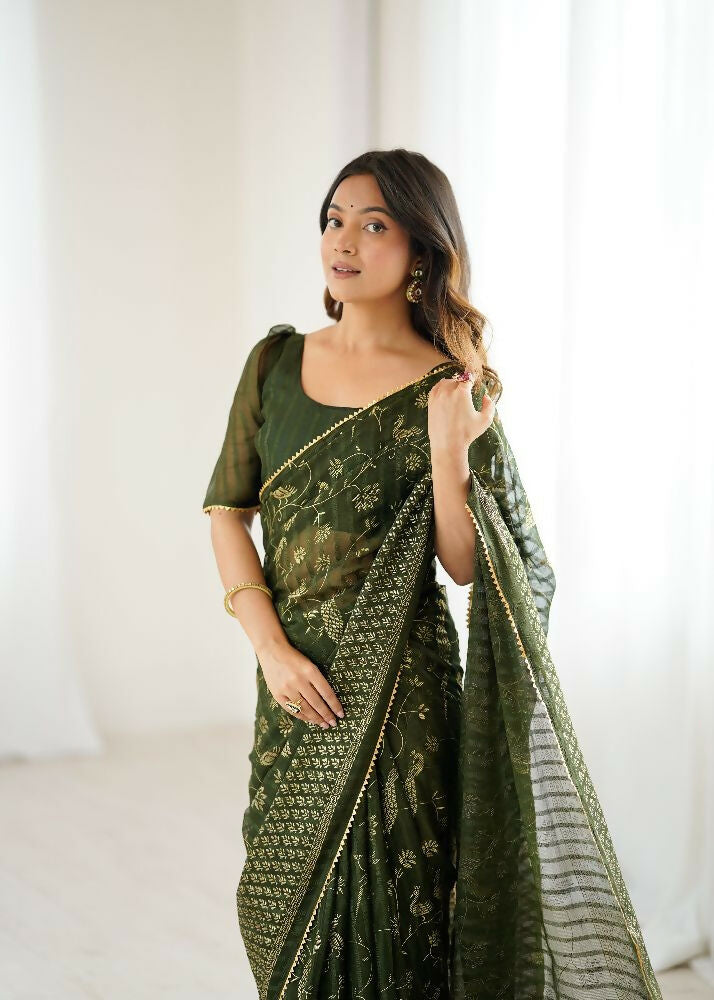 PR Fashion Mehendi Georgette Patta Plain With Foil Work And Small Lace And Zalar Lace Saree | Grocsy