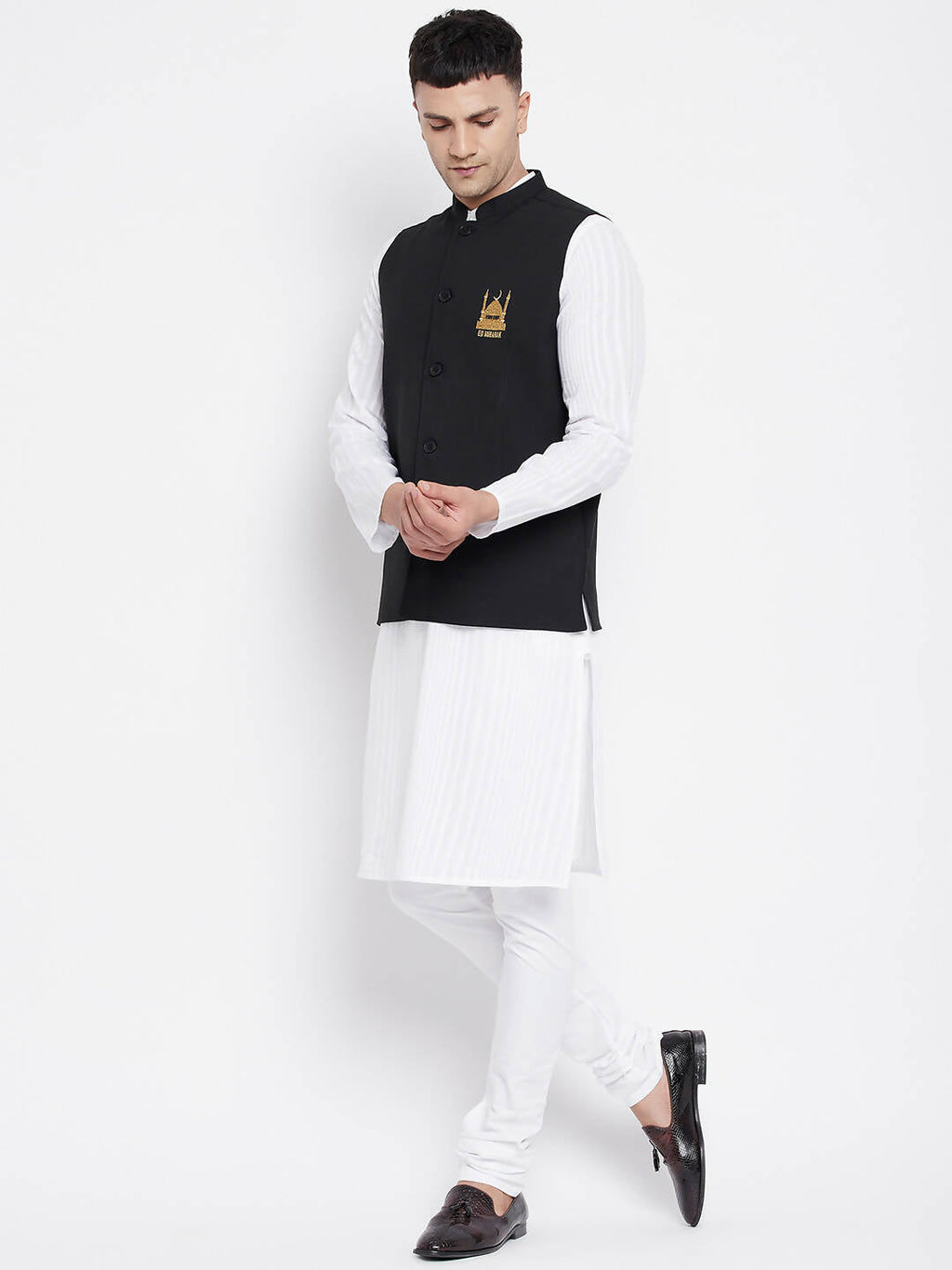 Even Apparels Black Pure Cotton White Kurta Sets With Eid Insignia Jackets PW66 | Grocsy