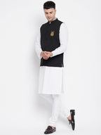 Even Apparels Black Pure Cotton White Kurta Sets With Eid Insignia Jackets PW66 | Grocsy