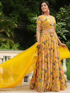 Janasya Yellow Georgette Floral Lehenga Choli Dupatta | Grocsy
