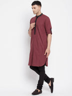 Even Apparels Maroon Pure Cotton Men's Kurta With Contrast Collar And Placket | Grocsy