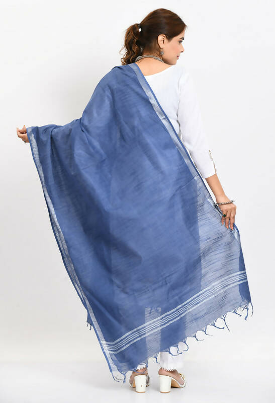 Mominos Fashion Moeza Women's Linen Cotton Silver Border Blue Dupatta | Grocsy