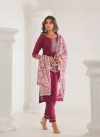 Festive Ethnic Viscose Chanderi Maroon Stitched Suit With Dupatta - Rashmika | Grocsy