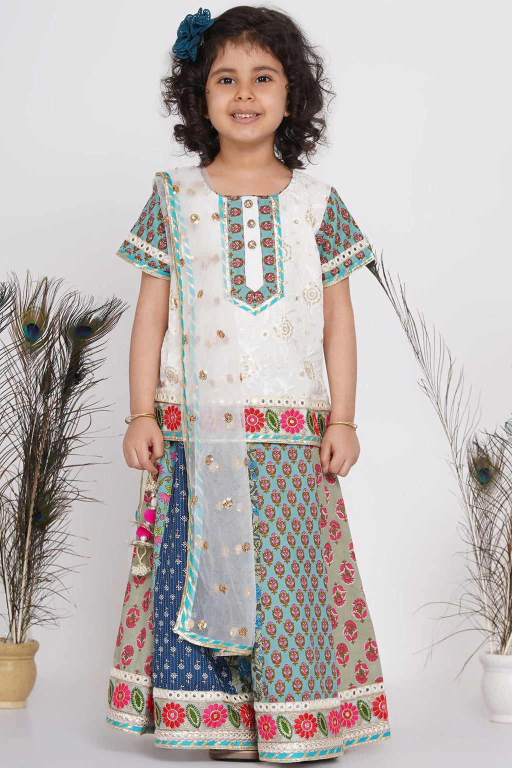 Little Bansi Girls Cotton Embroidery Kurta With Lehenga & Tussel - White & Multicolor | Grocsy
