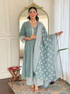 The52 Women's Beautiful Rayon Fabric Embroidery Work A-Line Kurta Pant and Dupatta Set | Grocsy
