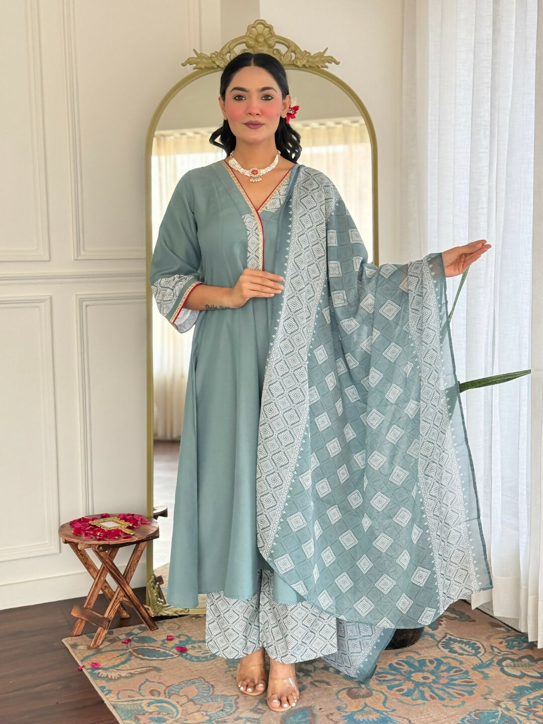 The52 Women's Beautiful Rayon Fabric Embroidery Work A-Line Kurta Pant and Dupatta Set | Grocsy