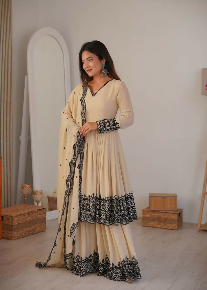 Teeya Creation Cream Color Faux Georgette Embrodiery Work Party Wear Sharara set | Grocsy