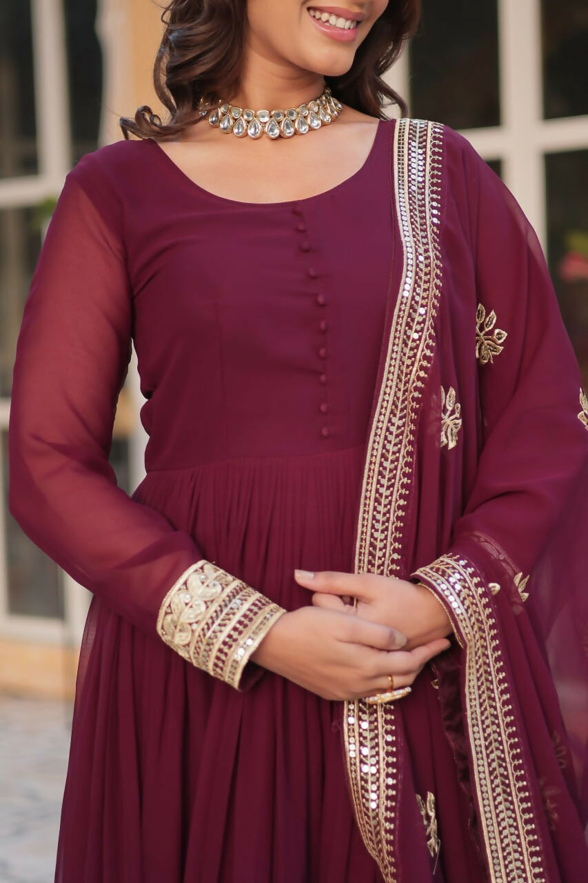 Vastranavya Premium Designer Faux Blooming with Embroidery Zari Sequins work Gown - Maroon | Grocsy