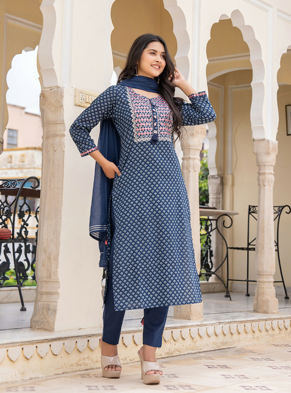 Kaajh Women's Blue Embroidered Cotton Suit Set | Grocsy