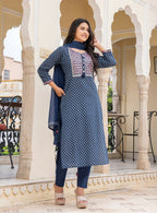 Kaajh Women's Blue Embroidered Cotton Suit Set | Grocsy