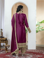Teeya Creation Wine Color Chinnon Silk Embroidery Work Fully Stitched Salwar Suit | Grocsy