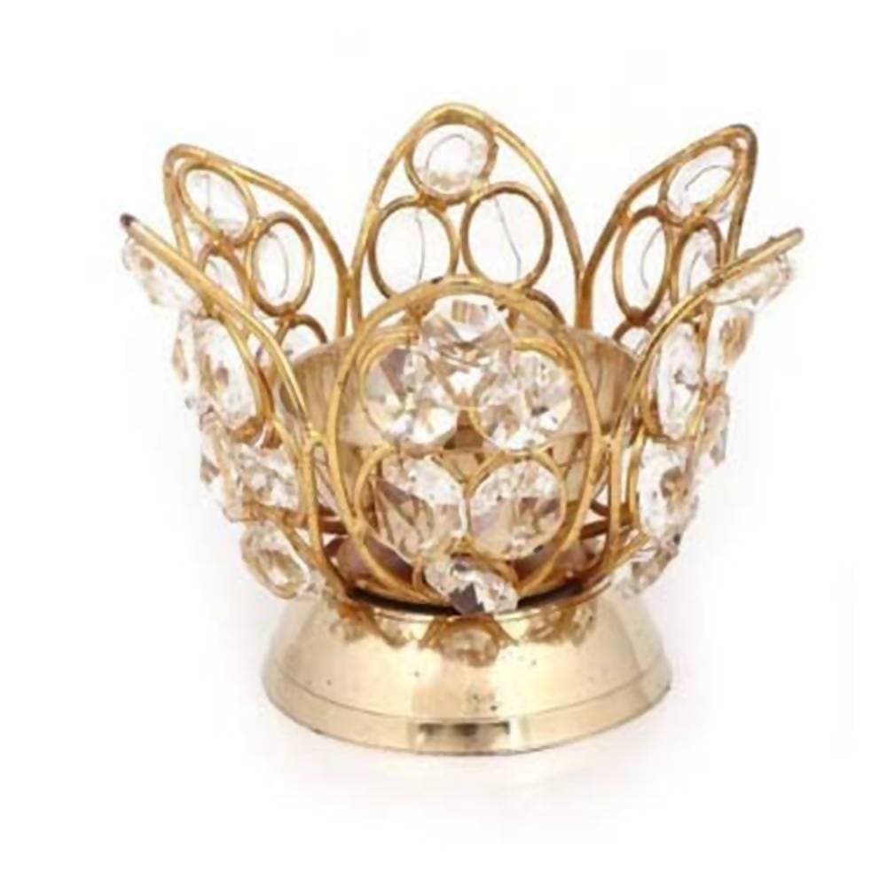 Puja N Pujari Brass Metal Gold-Polished Handcrafted Crystal Diya | Grocsy