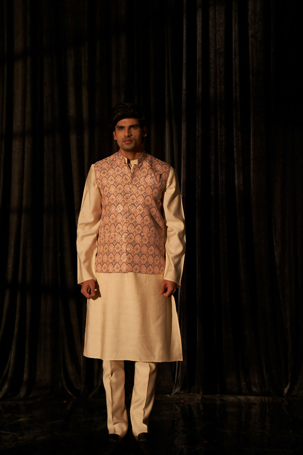 Brown Viscose Designer Printed Men's Kurta Set with Koti - Mahotsav | Grocsy