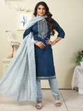 Vamika Chinon Embroidery Blue Party Wear/Casual Wear/Office Wear Kurta Set/Suit | Grocsy