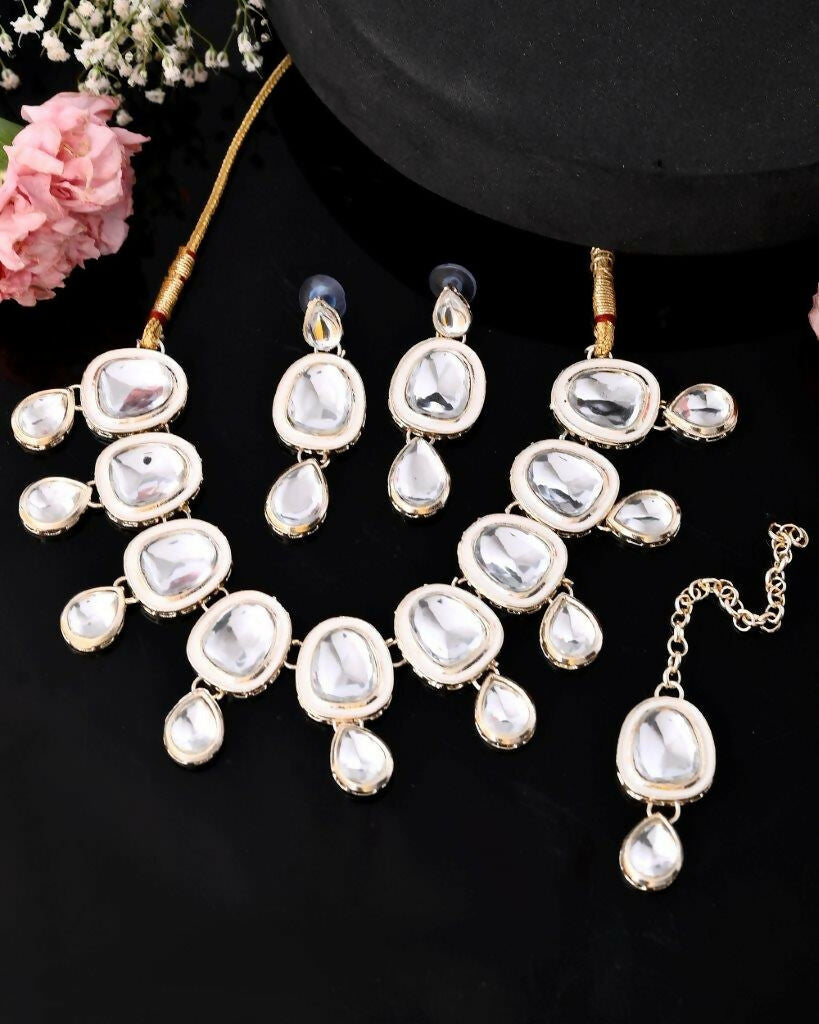 VOJ Kundan Studded Silver Plated White Color Jewellery Set with MaangTikka | Grocsy