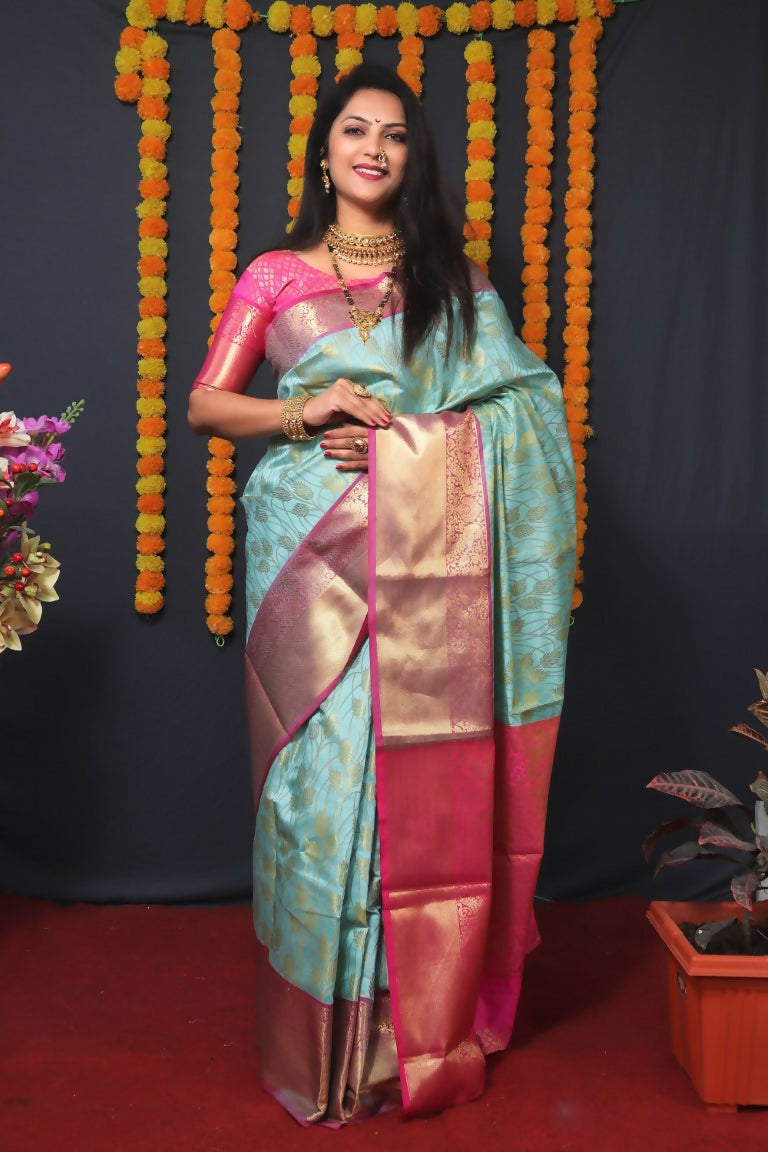 Jyoti Fashion Women's Sky Blue Kanjivaram Silk Zari Woven Saree with Blouse | Grocsy