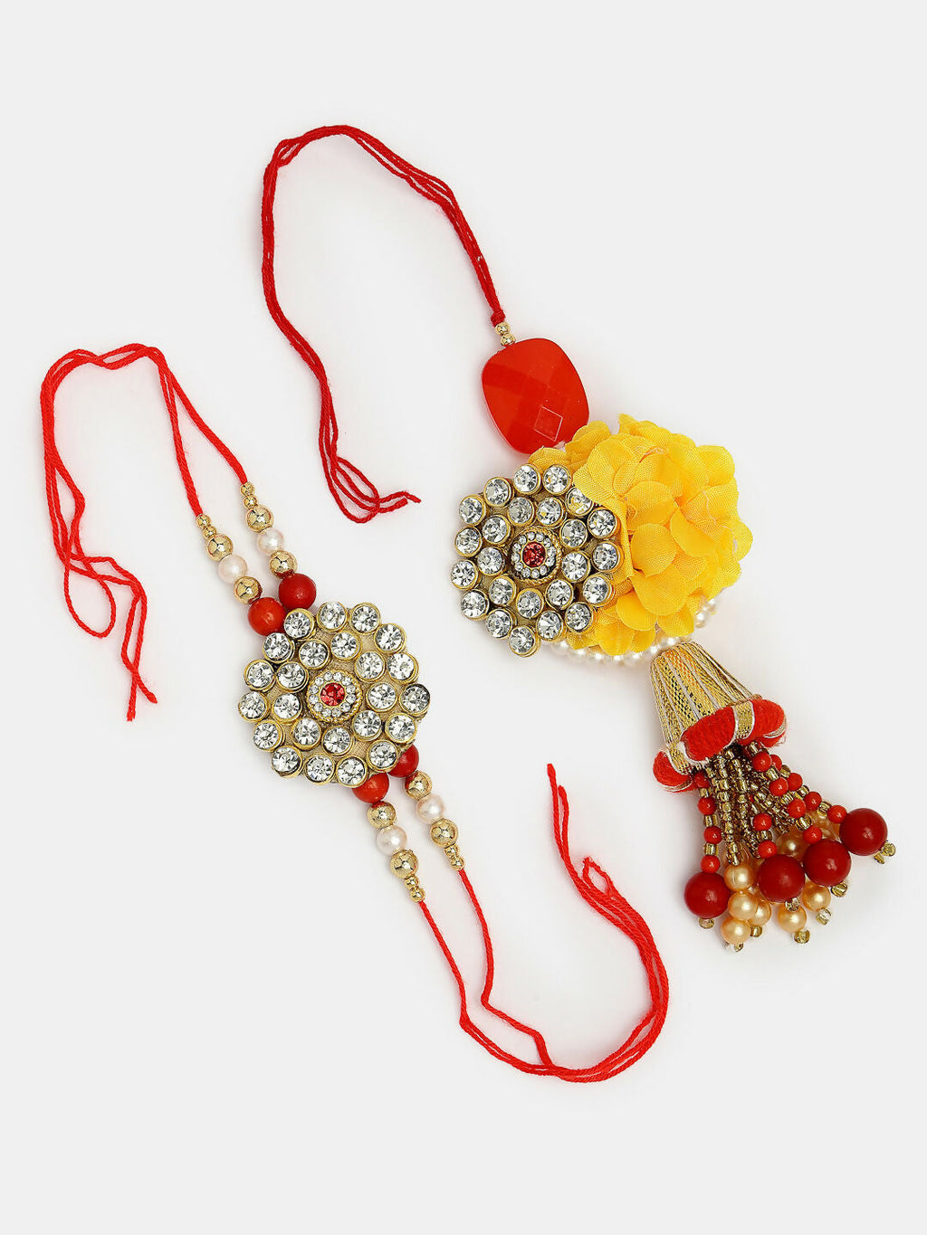 NVR Women & Men Set of 2 Red & Gold-Toned Stone-Studded & Beaded Bhaiya Bhabhi Rakhi With Roli Chawal & Chocolate | Grocsy